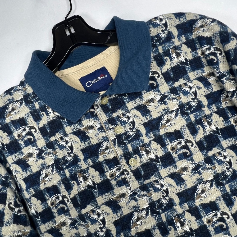Vintage Catalina Abstract Check Polo Shirt Mens Lare Cotton Golf Preppy Grandpa